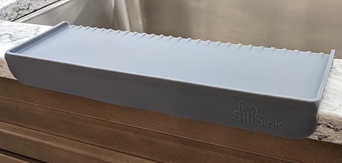 SiliProducts SiliSink Silicone Sink Edge Guard for Kitchen Sink - Fits 3.75” - 4” Wide - The Original Silicone Edge Protector with Sponge Caddy, 14” Gray