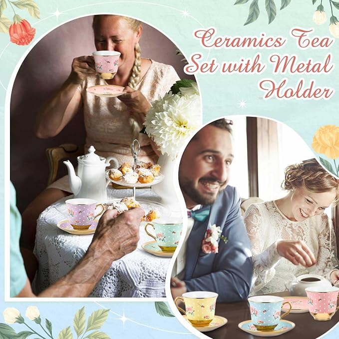 Teenyyou Set of 18 Tea Cups and Saucers Tea Party Decorations Floral Porcelain 5.4 oz British Gift for Women Birthday Party, Church, and Mother's Day (Vintage Style)