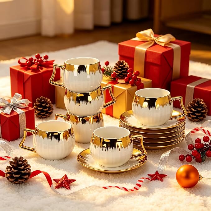3.5 OZ Espresso Cups with Saucers, Ceramic Coffee Cup Set of 6, Turkish Coffee Cup Set, Coffee Cup Gift for Latte, Double Shot, Cafe Mocha and Tea, Dishwasher & Microwave Safe (Gold Trim-03)