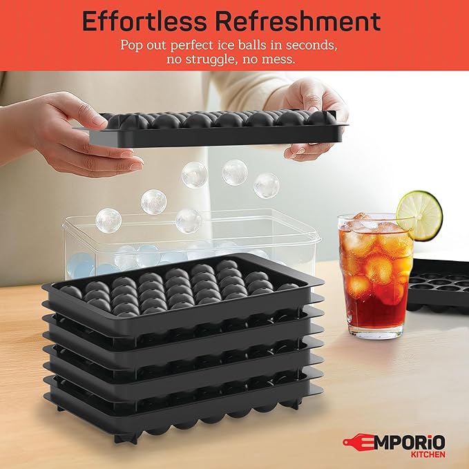 Emporio Kitchen Round Ice Cube Tray Set Pack of 1, BPA-Free Stackable Trays with Lid & Tongs, 33 Ice Balls Per Tray for Whiskey, Drinks, and Cocktails, Quick Release Round Ice Cube Mold, Black