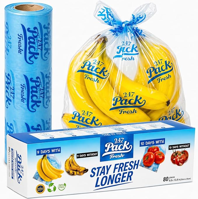 Freshpack 247 Produce Storage Bags Roll 10 x 14 Inches 1 Gallon Tear Off Reusable Food Storage Bags For Fruits Vegetables Meal Prep Lunch Pantry Use