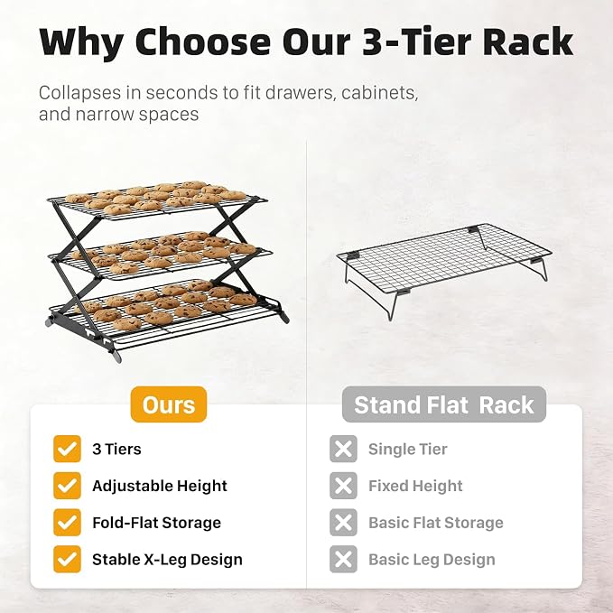 3 Tier Cooling Rack, Collapsible Adjustable Height Wire Baking Rack with Stable X-Leg Design, Space-Saving Cooling Racks for Cooking and Baking Cookies, Cakes & Pastries, 17.1" x 9.8", Black