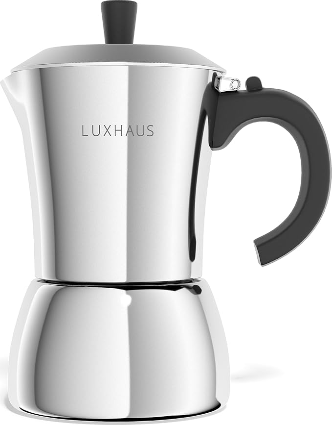LuxHaus 6 Cup Moka Pot (2oz each cup - 12oz total) Stovetop Espresso Maker - Stainless Steel Italian and Cuban Mocha Coffee Maker