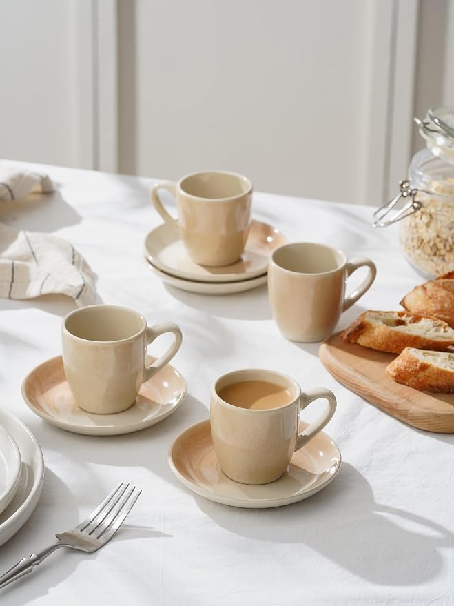 famiware Glacier Espresso Cups with Saucers Set of 4, 3oz Espresso Cup Set, Coffee Mug Set for Latte, Macchiato, Stoneware Demitasse Cups Set for Cafe, Microwave&Dishwasher Safe, Honey Beige