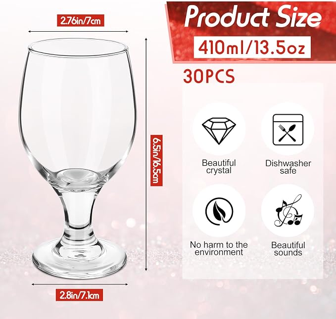 Patelai Set of 30 Water Goblet, 13.5 oz Clear Drinking Glasses Bulk Dishwasher Safe, Stemmed Water Glass for Juice Wine Beer Tea Sangria Cold Beverages, Reusable Glassware for Home Party Restaurant