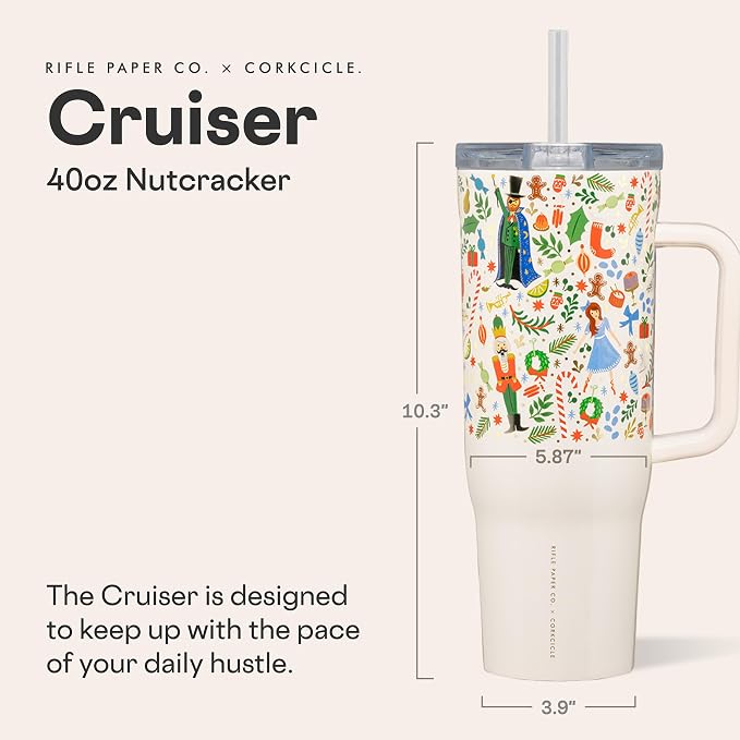 Corkcicle x Rifle Paper Co. Cruiser Insulated Tumbler with Handle & Straw - Keeps Drinks Cold 20 Hours - BPA-Free - Gift for Mom - Great for Mother's Day or Christmas - 40 oz - Nutcracker Ballet