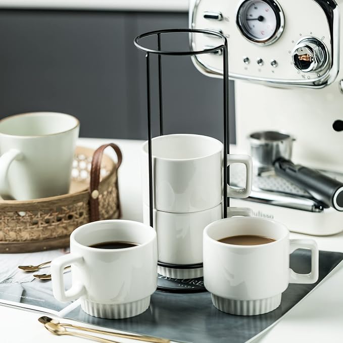 Miamolo Coffee Mugs Set of 4, Stackable Coffee Cups with Stand and Spoons | 11oz, Ceramic | for Espresso Cappuccino Latte Tea Drinks | Dishwasher & Microwave Safe | Housewarming Gift | White