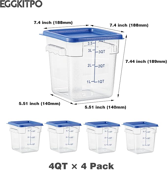 EGGKITPO 4 Pack 4 QT Food Storage Containers with Blue Lids Hot Cold Resistant Stackable Square Commercial Container Set with Handle, Clear Scarle Home Party Food Organizion BPA-Free Polycarbonate