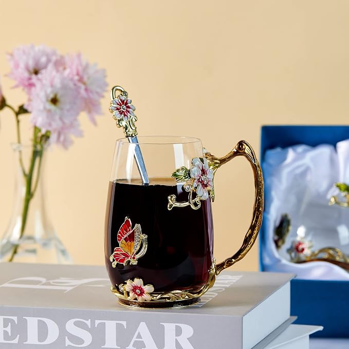 Tea Cup Glass Coffee Mugs,Fancy Tea Cup Set Birthday Christmas Valentine's Day Gift Idea for Tea Lover and Women Novelty Coffee Mugs Rose Flower Enamel Tea Cup Glass Mug with Spoon