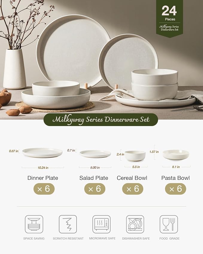 Famiware Milkyway Stoneware Dinnerware Sets with Pasta Bowls, Service for 6 (24 Pieces), Reactive Glaze Plates and Bowls Sets, Microwave and Dishwasher Safe Dishes Set, Matte Beige White