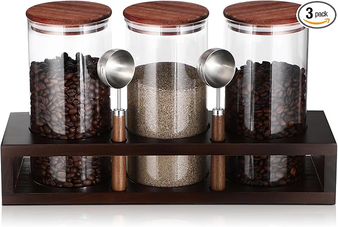 Suclain 3 Pcs 44 oz Glass Coffee Grounds Container with Shelf Glass Coffee Bean Storage Canisters with Airtight Lid and Measuring Spoon Food Storage Jars for Kitchen Sugar (Minimalist Style)