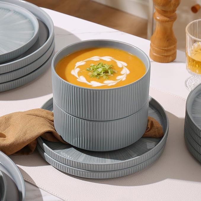Dinnerware Sets, Ceramic Plates and Bowls Set 18 Piece Dinnerware for 6 Chip Resistant Stoneware with Advanced Inkjet Printing Technology, Dishwasher and Microwave Safe-Smoky Blue
