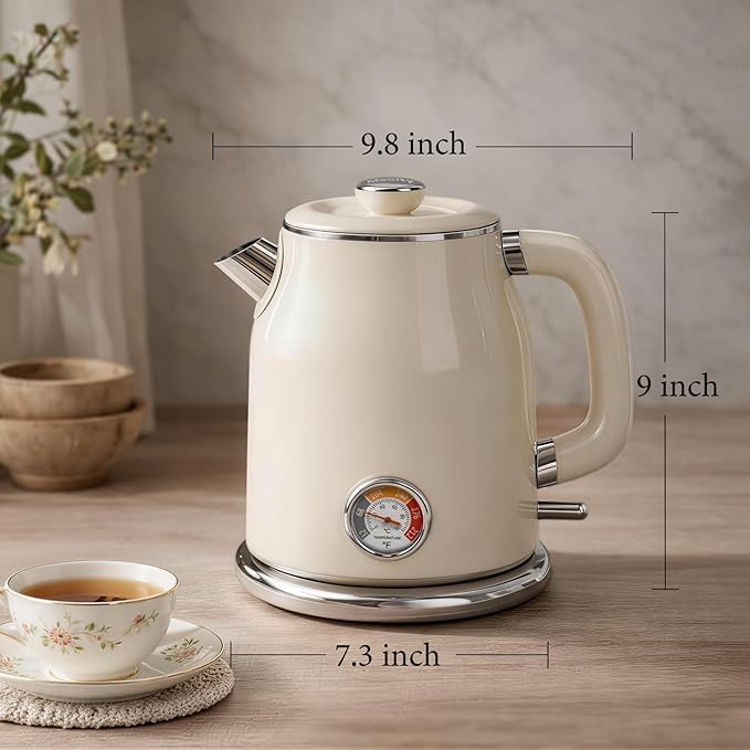 Mecity Retro Electric Kettle 1.7L, Stainless Steel Interior, Food-Grade Silicone Water Contact, Double Wall Cool Touch, 1500W Fast Boil, Thermometer (°F/°C), Wide Opening, Cream