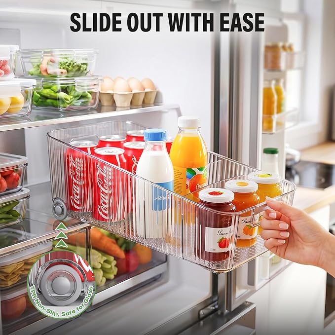 Fridge Organizer Bins with Wheels, Pull Out Fridge Organizer, Adjustable Dividers and Easy Pull Handles, Clear Plastic, 2-Pack, Suitable for Kitchen, Pantry and Cabinet Deep Shelves