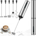 Rechargeable Milk Frother Wand with 3 Independent Speed Buttons, Handheld Electric Whisk with 5 Attachments for Coffee, Lattes, Matcha, Kitchen Gift, Stainless Steel Silver