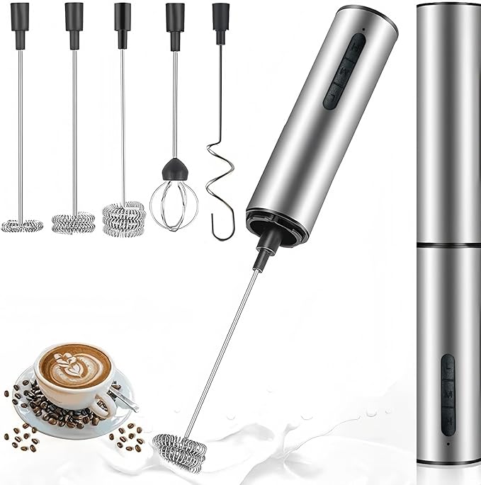Rechargeable Milk Frother Wand with 3 Independent Speed Buttons, Handheld Electric Whisk with 5 Attachments for Coffee, Lattes, Matcha, Kitchen Gift, Stainless Steel Silver