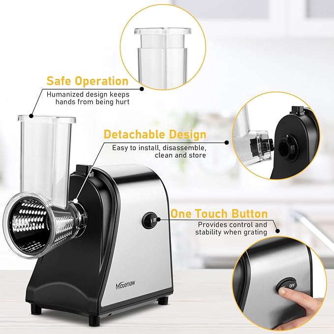 250W Electric Slicer/Shredde for Block Cheese, 5 In 1 Professional Electric Cheese Grater for Veggies, Salad Maker, Shredded Carrot, Zucchini, Cheese Grater Electric