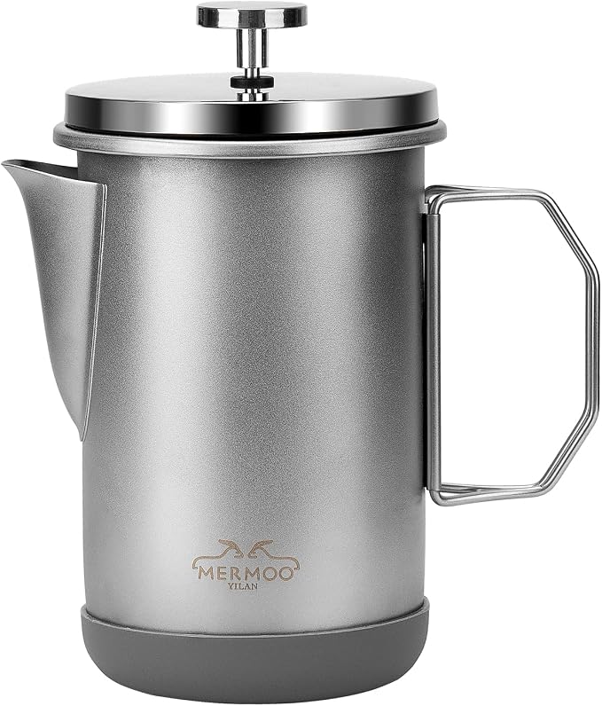 MERMOO YILAN Stainless Steel French Press with Folding Handle 32oz Silver | for 4-6 Cups|Also a Milk Frother& Tea Maker|Non-slip Silicone Base|Compact Size for Camping, Travel, Backpacking,RV