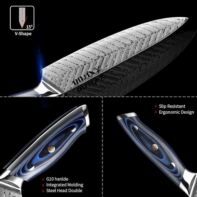 XITUO Damascus VG10 Steel Knife Set, 4-Piece Japanese Kitchen Knives with Ergonomic G10 Handle - Includes Chef, Santoku, Utility & Boning Knife, Ultra-Sharp Professional Cooking Tools