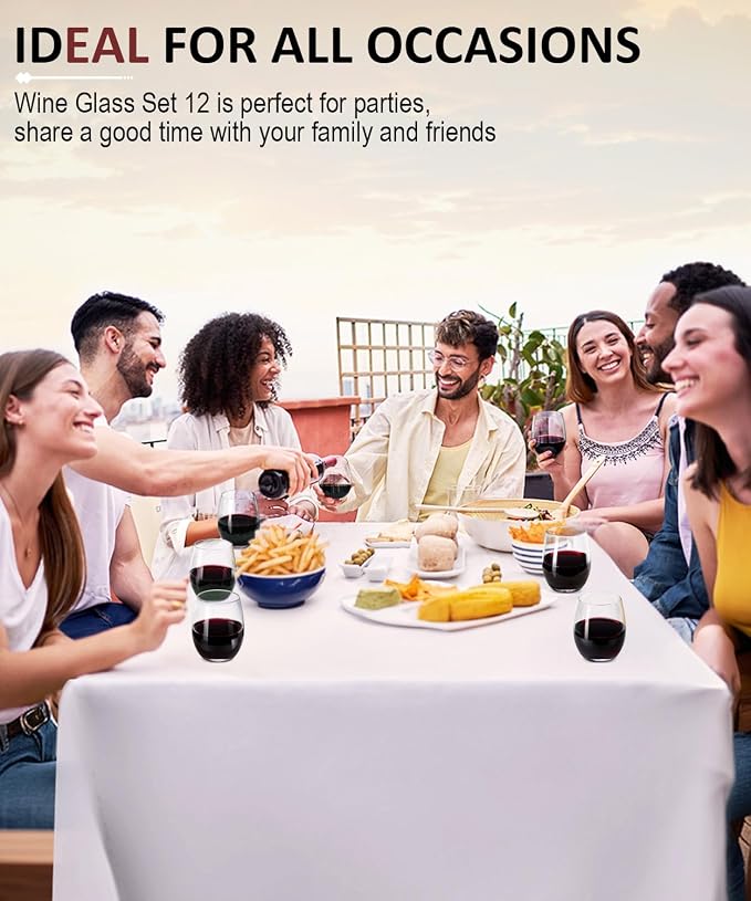 OJA Stemless Wine Glasses Set of 12, 15oz Crystal Red White Wine Glasses, No Stem, Clear, Sturdy Drinking Glass for Daily Use, Birthday, Wedding, Home Party, Anniversary, Shower Gift