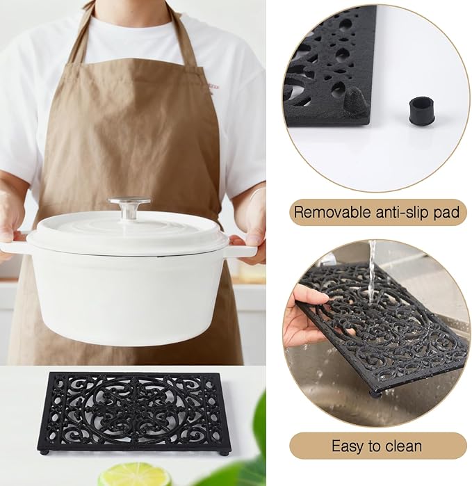 Notakia 9.6 x 6.3 Inch Cast Iron Trivet Set, Large Metal Trivets for Hot Dishes Pots Pans Decorative Kitchen Trivets, Heat-Resistant Trivet Mats for Quartz Countertops, Table Cooktop (Black, 2 Pack)
