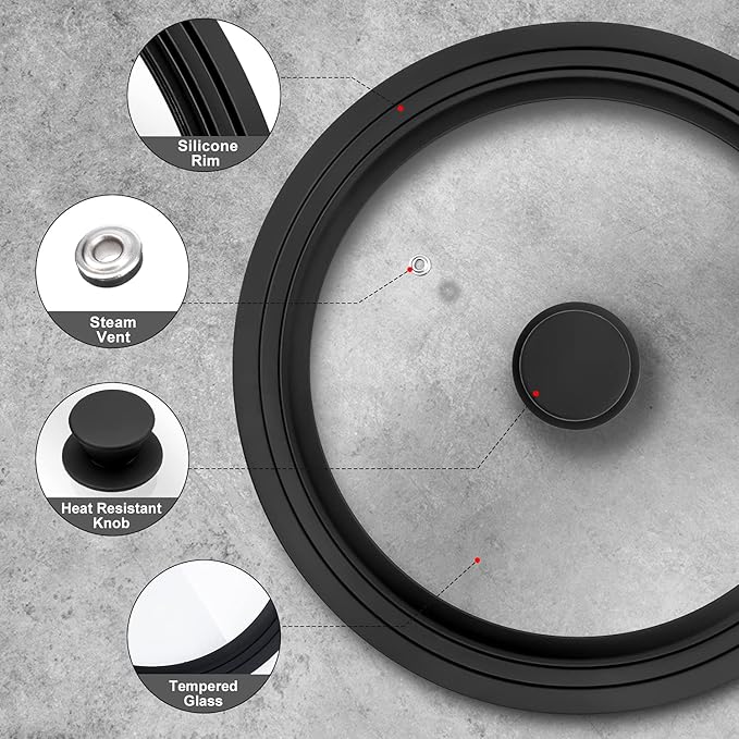 Universal Lid for Pots, Pans and Skillets - Tempered Glass Lid with Heat Resistant Silicone Rim Fits 11" - 12.5" Diameter Cookware, Replacement Lid for Frying Pan and Cast Iron Skillet (11"12"12.5")