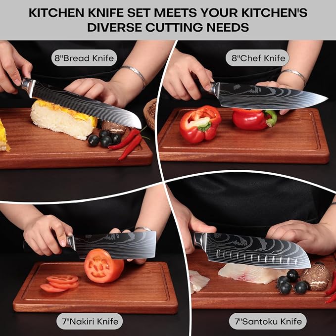 8-Piece Premium Japanese Kitchen Knife Set - Star Collection, Laser Damascus Pattern, 440A Stainless Steel Ultra Sharp for Fast Cutting (Redwood 8J)