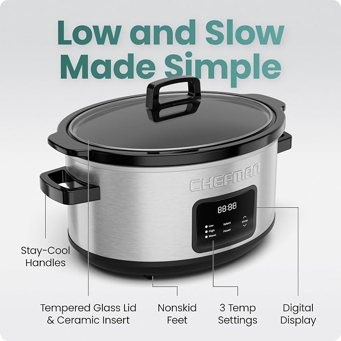 Chefman Slow Cooker 7 Quart, Large Family Size Programmable Digital Slow Cooker with 24-Hour Timer, Low, High & Warm Settings, Ceramic Crock, Tempered Glass Lid, Dishwasher-Safe, Stainless Steel