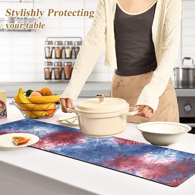 2-in-1 Table Runner Trivet for Hot Dishes Heat Resistant Hot Plate Mat Pad 39x12 Inch Waterproof Table Protector Trivets for Countertop Non Slip Decorative Retro Tie Dye Fireworks