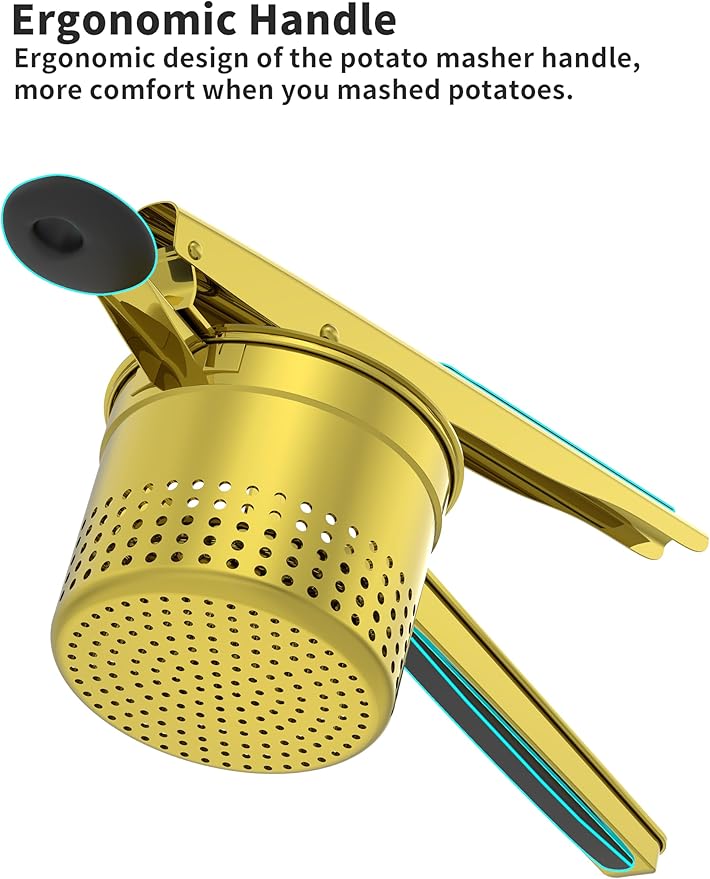 GloTika Large 15oz Potato Ricer, Heavy Duty Stainless Steel Ricer for Mashed Potatoes, Sweet Potato Masher Kitchen Tool with Ergonomic Handle, Press and Mash Kitchen Gadget, Gold
