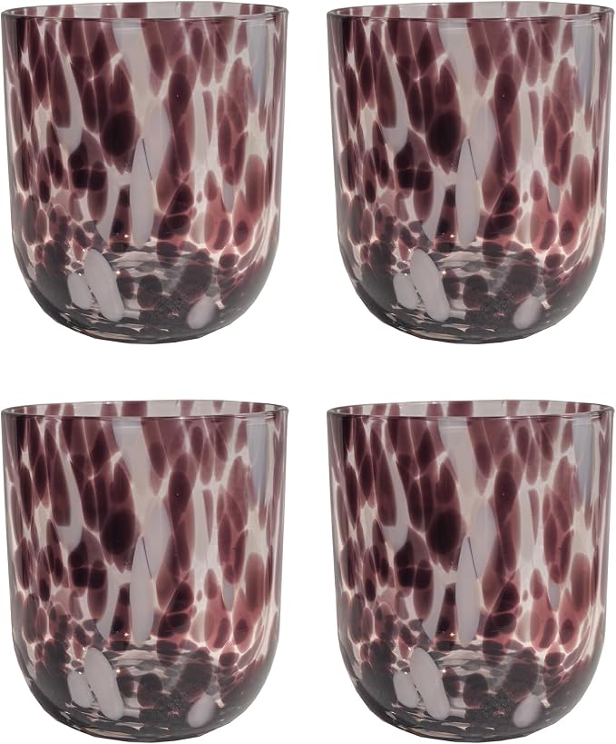 Stephanie Imports Set of 4 Handcrafted Double Old-Fashioned Confetti Drinking Glasses (12 oz) (Brown & White)