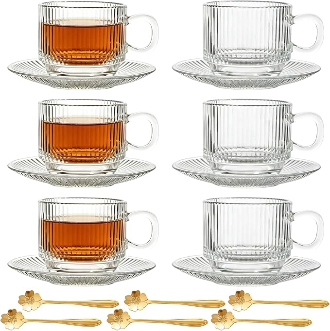 Atarvana 6 Pack Glass Tea Cups and Saucers Set with Spoons, Glazeal Stackable 5.41oz/160ml Heat-Resistant Espresso Cups, Transparent Tea Glass for Cappuccino, Latte, Cafe and Home Kitchen Use