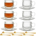 Atarvana 6 Pack Glass Tea Cups and Saucers Set with Spoons, Glazeal Stackable 5.41oz/160ml Heat-Resistant Espresso Cups, Transparent Tea Glass for Cappuccino, Latte, Cafe and Home Kitchen Use