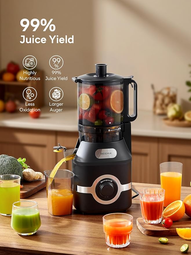 Reemix Juicer Machine with Large Feed Chute, Slow Masticating juicer with Dual Safety Locks - Easy to Clean, Detachable Parts, Fruit & Veggie Juicer for Home