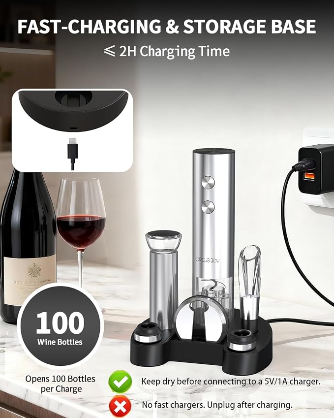 CIRCLE JOY Electric Wine Bottle Opener Set Stainless Steel Rechargeable Wine Opener 8-in-1 Wine Gift Set with Charging base, Foil Cutter, Wine Aerator Pourer, Vacuum Pump & 2 Wine Stoppers, Silver