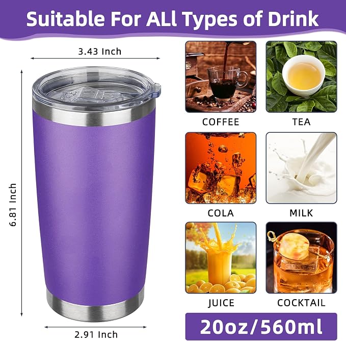 20oz Tumbler with Lid Stainless Steel Insulated Tumblers Travel Coffee Tumbler Bulk Double Wall Vacuum Insulated Water Cup Gifts for Christmas Women Men Her Him Home Office(Purple, 1pack )