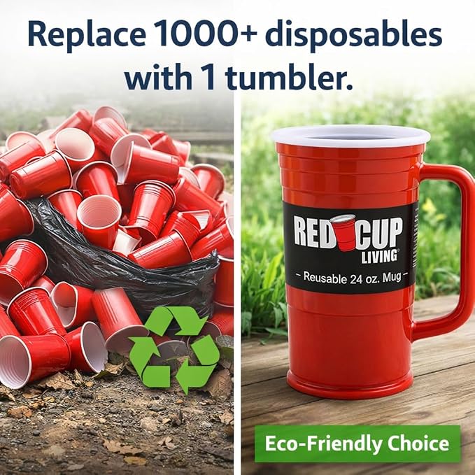 Red Beer Party Mug Glass Tumbler 6 Pack |Unbreakable Cups Beer Stein Reusable Drinking Supplies Birthday, Anniversary, Big Grip Tumbler Travel Outdoors | Dishwasher Safe Party Essentials