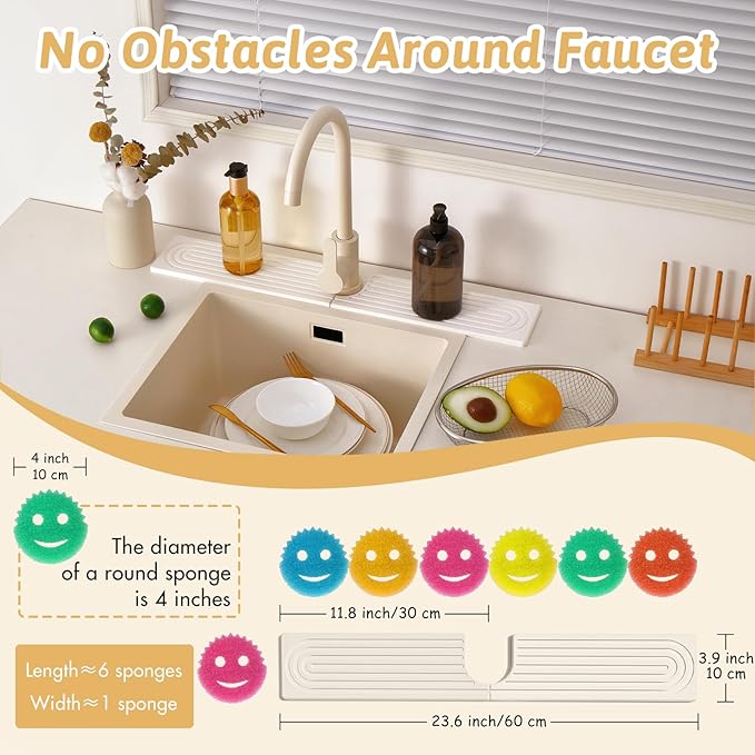 23.6" Faucet Mat for Kitchen Sink, Long Diatomite Fast Drying Stone Sink Tray, Super Absorbent, Prevents Moisture Buildup, Durable Protector for Kitchen Bathroom Counter, Gift for Housewarming, White