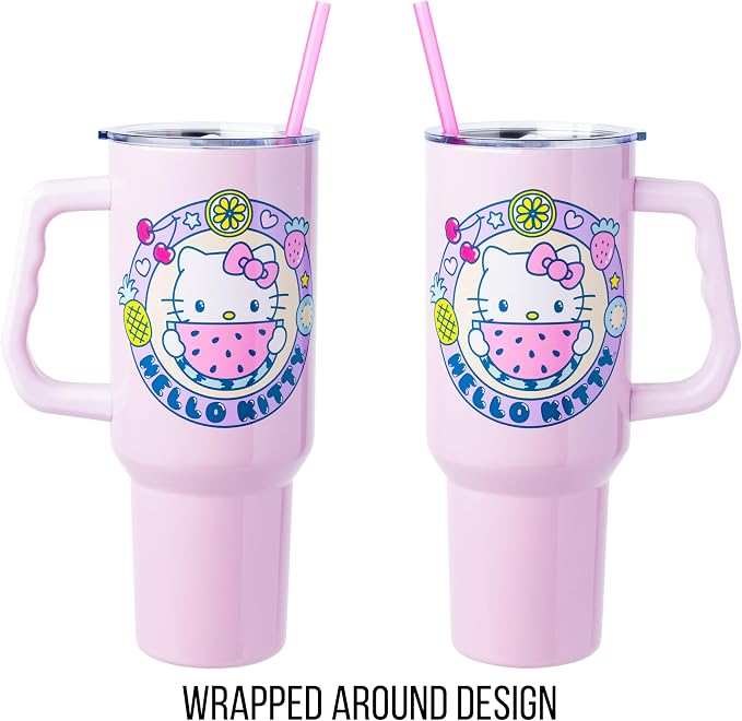 Silver Buffalo Sanrio Hello Kitty Summer Kawaii Fruits Double Walled Stainless Steel Tumbler with Handle, Fits in Standard Cup Holder, 40 Ounces