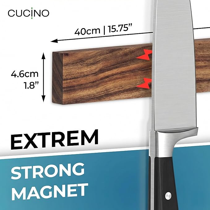 CUCINO Magnetic Knife Holder for wall, 16" no drilling required, includes self-adhesive tape, extra strong for holding knives – Awarded magnet strip – Acacia