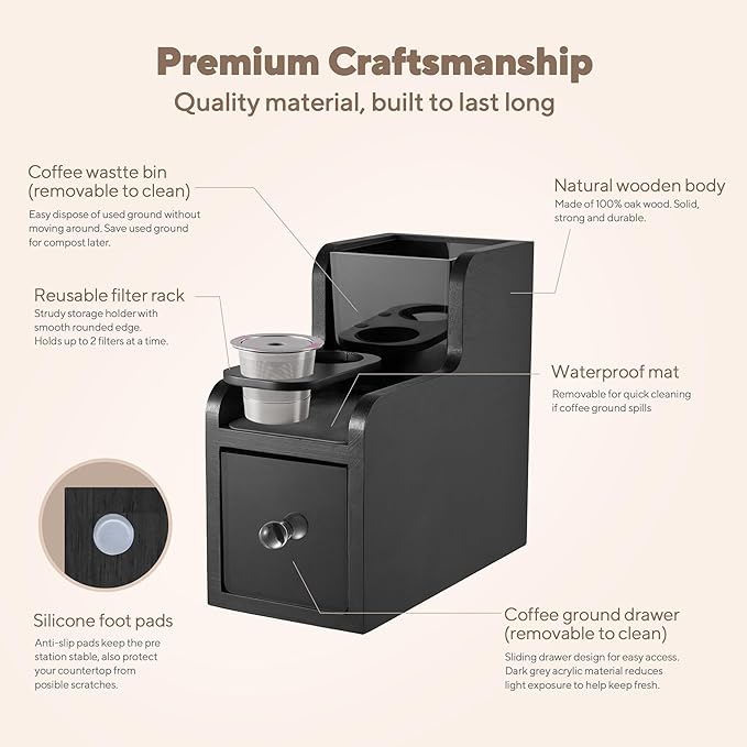 Coffee Pod Maker Stand, Solid Wood Reusable K-Cup Filter Holder & Filling Station with Coffee Ground Storage Drawer & Waste Bin, Countertop Wood Coffee Bar Organizer, Easy Daily Refill (Black)