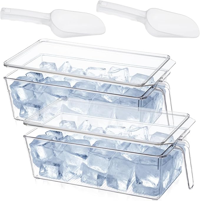 2 Set Ice Storage Bins for Freezer with Lid and Flexible Scoop, Transparent Plastic Ice Container with Pull-Out Handle Kitchen Food Storage Organizer for Home Office Fridge Kitchen
