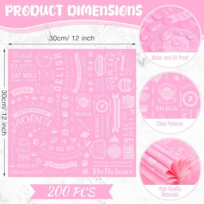 Marspark 200 Pcs Deli Wax Paper Sheets 12 x 12 Inches Square Grease Resistant Tray Basket Liners Hot Dog Wrappers Newsprint Water and Grease Proof Sandwich Wrapping Paper for Food Baking (Pink White)
