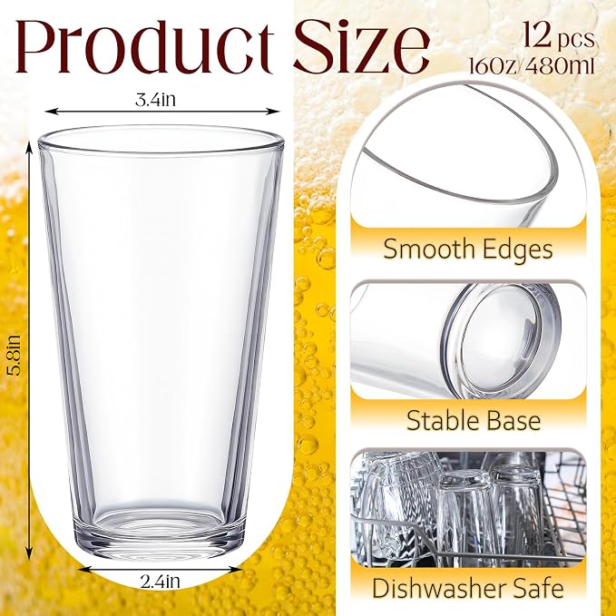 Patelai 12 Set Pint Beer Glasses Set 16 oz Pint Glasses Drinking Made for Beverages, Juice, Cocktail, Highball Drinking Tumbler Glass Design for Home Dining, Bars, Pubs and Parties & Dishwasher Safe