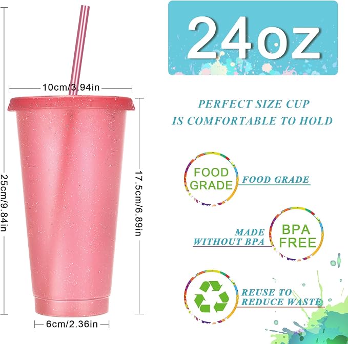 Honeydak 15 Pack Tumbler with Straw and Lid Bulk Cups for Gifts Glitter Plastic Coffee Cups 24-27 oz Reusable Water Bottle Iced Coffee Travel Mug Party Favors for Birthdays Travel (Bright Colors)