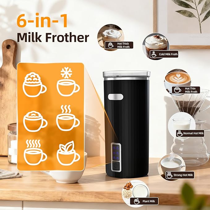 Electactic Milk Frother, 6-in-1 Electric Milk Steamer, 8.5oz/250ml Automatic Warm and Cold Foam Maker and Milk Warmer for Latte, Cappuccinos, Macchiato, From the Makers of Instant 400W, Black