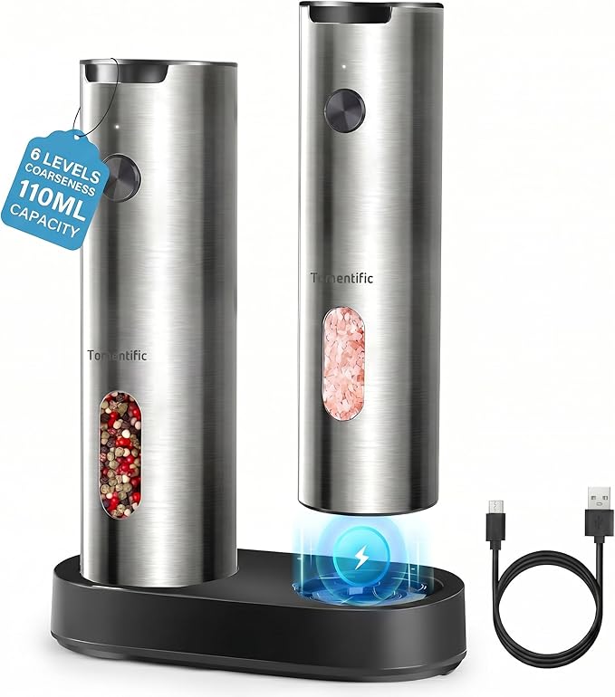 Electric Salt and Pepper Grinder Set with Rechargeable Base - Upgraded Large Capacity, Refillable Pepper Mill Set with LED Light & Adjustable Coarseness, Ideal for Kitchen, Outdoor (Polished Silver)