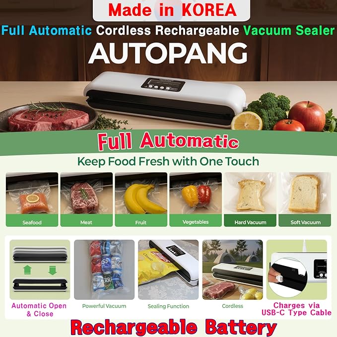 Automatic Vacuum Sealer Machine, Cordless Food Preserver with 85Kpa Suction & Pulse Mode, Durable Silicone Chamber, Includes 20 Exclusive Sealer Bags
