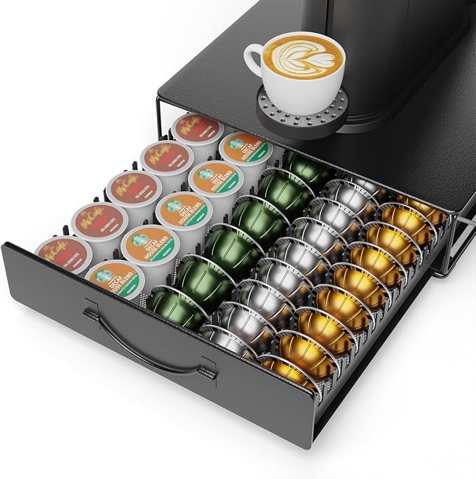 HFHOME Coffee Pod Holder Drawer Compatible with Nespresso - 40 Large or 60 Small VertuoLine Pods - Black Metal Coffee Capsule Storage Organizer for Vertuo - Coffee Capsule Holder for Kcup Home Kitchen