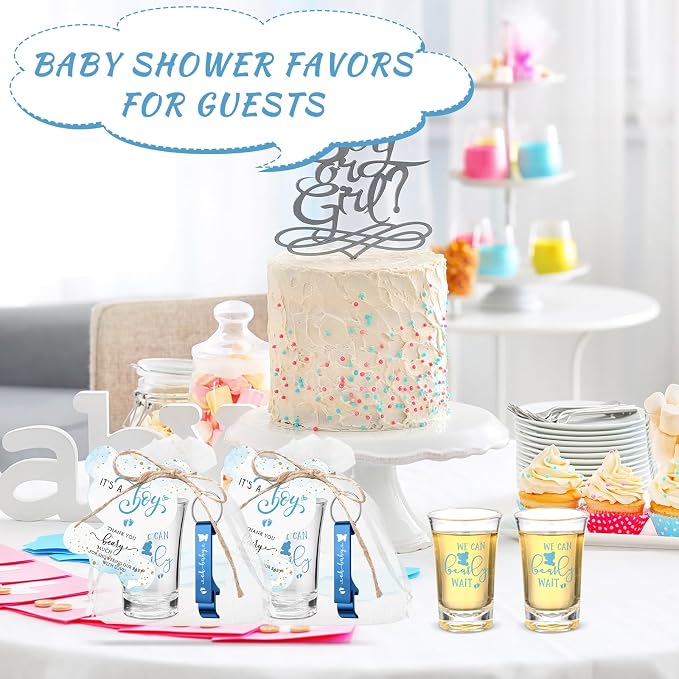 50 Sets Baby Shower Favor for Guests Acrylic Shot Glasses with Bottle Opener Keychains Thank You Tags and Bags Gender Reveal Party Favors for Guest Baby Shower Return Gift(Bear Boy)
